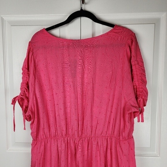 Torrid Pink Midi Dress Faux Wrap Swiss Dot Surplice Ruched Plus Size 2 2X 18-20 - Picture 14 of 15